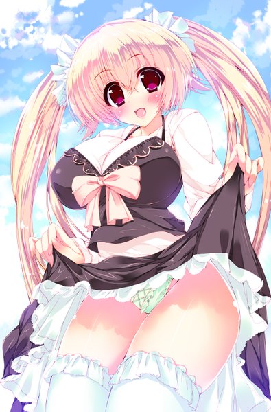 Anime picture 1000x1519 with original noto kurumi long hair tall image blush breasts open mouth light erotic blonde hair red eyes large breasts twintails girl thighhighs dress underwear panties white thighhighs