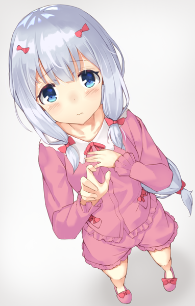 Anime picture 1106x1733 with eromanga sensei a-1 pictures izumi sagiri yuuki nao (pixiv10696483) single long hair tall image looking at viewer blush fringe blue eyes simple background standing silver hair full body from above gradient background hand on chest wavy mouth girl