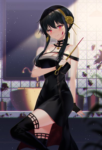 Anime picture 1128x1659 with spy x family yor briar myusha single long hair tall image looking at viewer blush fringe breasts black hair smile hair between eyes red eyes large breasts cleavage arm support covered navel light blood on face