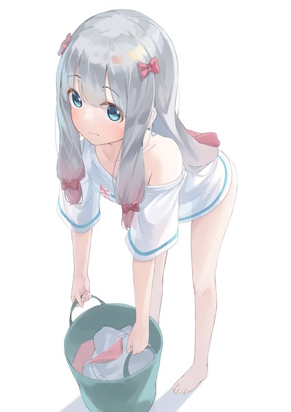 Anime picture 3500x4950 with eromanga sensei a-1 pictures izumi sagiri kimyo single long hair tall image looking at viewer blush fringe highres blue eyes light erotic simple background standing white background absurdres silver hair full body barefoot