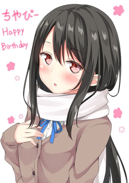 Anime picture 793x1119 with original karutamo single long hair tall image looking at viewer blush fringe black hair hair between eyes red eyes white background from above :o happy birthday girl uniform flower (flowers) school uniform scarf