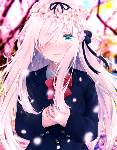 Anime picture 1970x2518 with virtual youtuber plivyou kamiki kinu haru (re ilust) single long hair tall image looking at viewer blush fringe highres silver hair upper body outdoors aqua eyes hair over one eye depth of field tears cherry blossoms spring