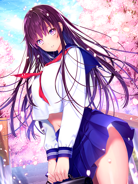 Anime picture 1000x1333 with original ukamaru single long hair tall image looking at viewer blush fringe breasts light erotic hair between eyes large breasts standing purple eyes holding payot sky purple hair cloud (clouds) outdoors