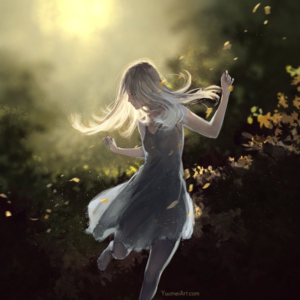 Anime picture 1080x1080 with original yuumei single long hair standing bare shoulders signed looking away silver hair barefoot wind blurry bare legs watermark standing on one leg pale skin autumn backlighting dancing girl