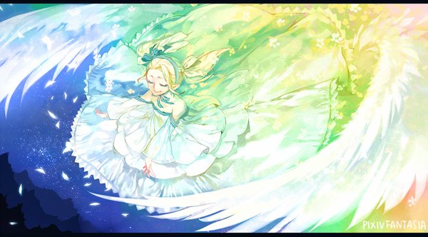 Anime picture 1455x806 with original pixiv fantasia pixiv fantasia sword regalia silverwing single long hair blonde hair smile wide image twintails bare shoulders eyes closed pointy ears letterboxed girl dress detached sleeves wings hairband