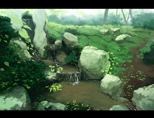 Anime picture 1169x897 with original sasaj letterboxed no people nature stream plant (plants) tree (trees) water grass forest stone (stones) bushes