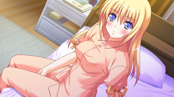 Anime picture 1024x576 with primary step long hair blush blue eyes light erotic blonde hair wide image game cg girl pillow bed pajamas