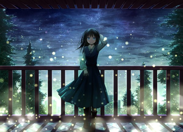 Anime picture 1300x942 with original angel31424 single looking at viewer blush short hair blue eyes black hair smile sky night night sky light arm behind head weightlessness girl dress plant (plants) pantyhose tree (trees)