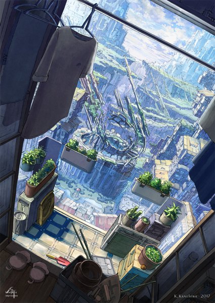 Anime picture 1000x1413 with original k kanehira tall image sky cloud (clouds) from above no people plant (plants) building (buildings) clothes potted plant