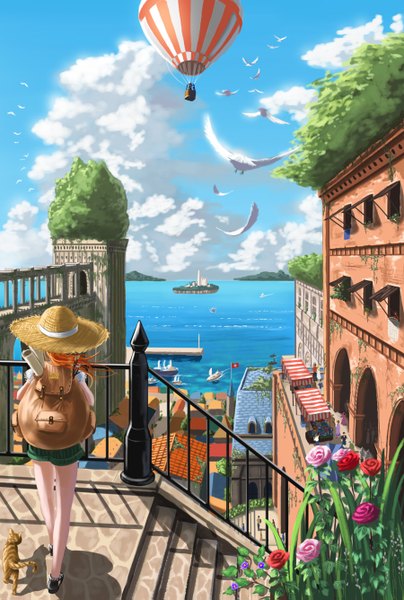 Anime picture 900x1335 with original pixiv fantasia pixiv fantasia new world doora (dora0913) single long hair tall image red hair wind landscape scenic flock girl flower (flowers) hat animal shorts sea bird (birds) rose (roses)