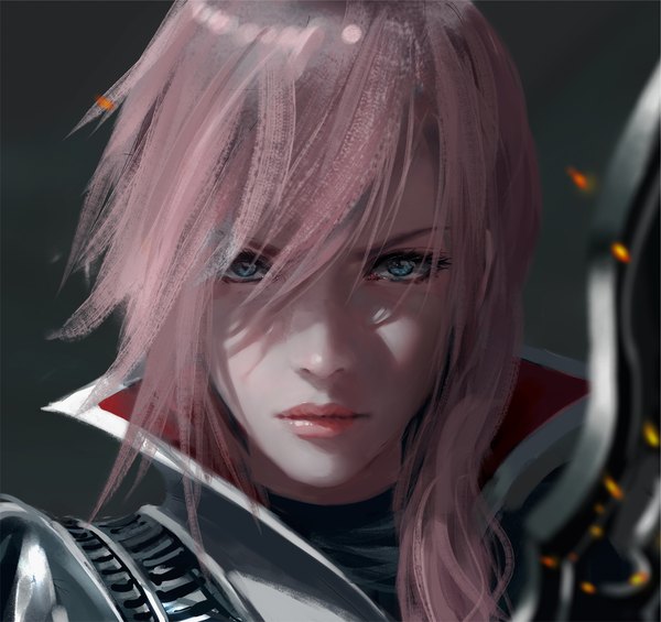 Anime picture 7189x6764 with final fantasy final fantasy xiii square enix lightning farron wlop single long hair looking at viewer highres blue eyes simple background signed pink hair absurdres realistic grey background lipstick portrait pink lipstick girl
