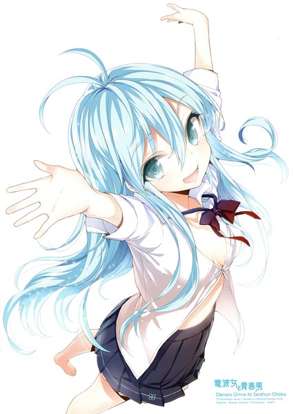 Anime picture 1774x2500 with denpa onna to seishun otoko shaft (studio) touwa erio buriki single long hair tall image looking at viewer highres open mouth blue eyes simple background white background blue hair ahoge scan official art girl skirt uniform