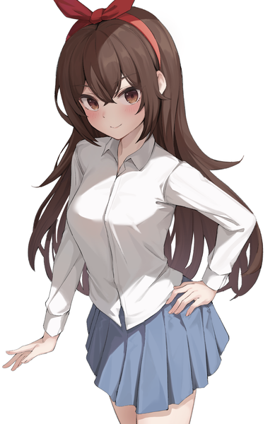 Anime picture 2194x3383 with genshin impact amber (genshin impact) pharamacom single long hair tall image looking at viewer blush fringe highres simple background smile hair between eyes brown hair standing white background brown eyes payot long sleeves pleated skirt