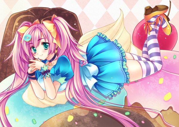 Anime picture 1240x877 with original hareko single long hair blue eyes smile twintails pink hair girl thighhighs dress bow hair bow food shoes sweets striped thighhighs