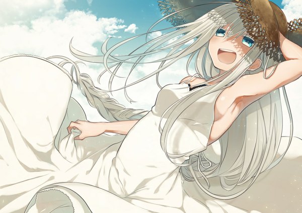 Anime picture 900x636 with original teigi single blush fringe breasts open mouth blue eyes holding sky cloud (clouds) outdoors white hair braid (braids) very long hair wind shadow armpit (armpits) sleeveless single braid