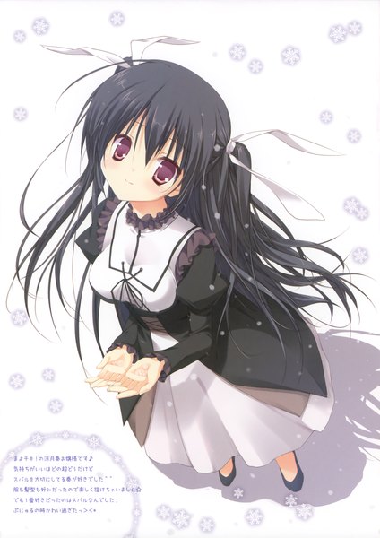 Anime picture 2119x3000 with mayo chiki! feel (studio) suzutsuki kanade miyasaka miyu single long hair tall image highres black hair red eyes two side up snowing looking up girl dress ribbon (ribbons) hair ribbon snowflake (snowflakes)