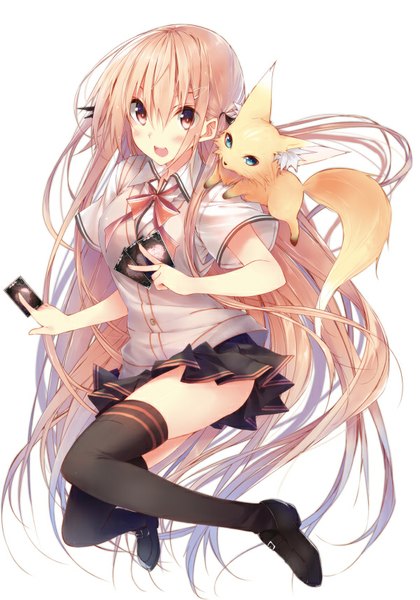 Anime picture 600x857 with kuwashima rein tall image blush open mouth blue eyes simple background white background very long hair pleated skirt orange hair orange eyes girl thighhighs skirt uniform black thighhighs school uniform animal card (cards) fox