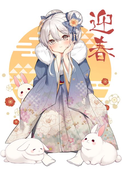 Anime picture 2998x4209 with original hamaken. (novelize) single long hair tall image blush fringe highres smile hair between eyes sitting silver hair traditional clothes head tilt japanese clothes grey eyes hair bun (hair buns) floral print new year head rest