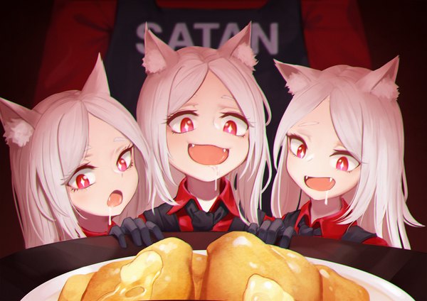 Anime picture 2122x1500 with helltaker cerberus (helltaker) helltaker (character) daydream (zhdkffk21) long hair blush fringe highres open mouth smile red eyes multiple girls animal ears payot upper body white hair :d blurry fang (fangs) looking down