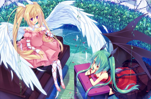 Anime picture 2000x1320 with shugo chara! vocaloid hatsune miku hoshina utau liong (artist) long hair highres blonde hair red eyes twintails purple eyes multiple girls green hair head wings girl dress 2 girls plant (plants) petals wings