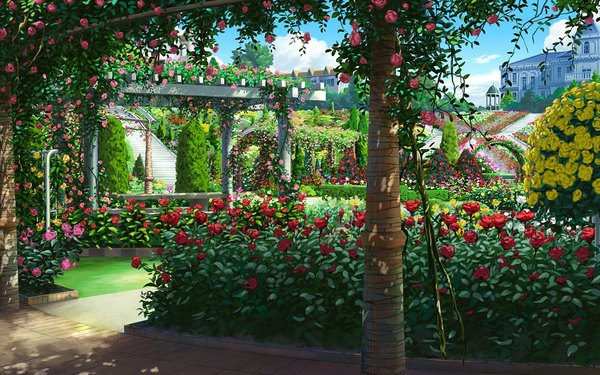 Anime picture 1280x800 with shitsuji ga aruji wo erabu toki wide image game cg no people landscape flower (flowers) plant (plants) tree (trees) rose (roses) red rose house