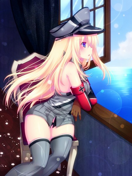 Anime picture 750x1000 with kantai collection bismarck battleship door to heaven single long hair tall image blush blue eyes light erotic blonde hair sitting bare shoulders profile girl thighhighs window peaked cap