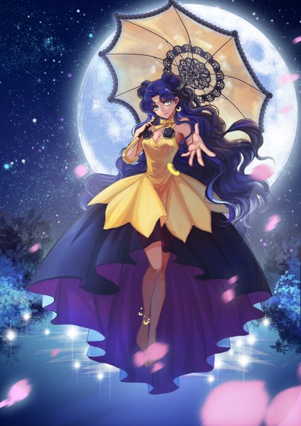 Anime picture 2480x3507 with bishoujo senshi sailor moon toei animation luna (sailor moon) luna (sailor moon) (human) tongyaohuan single long hair tall image looking at viewer highres blue eyes blue hair night wavy hair girl dress petals moon umbrella yellow dress