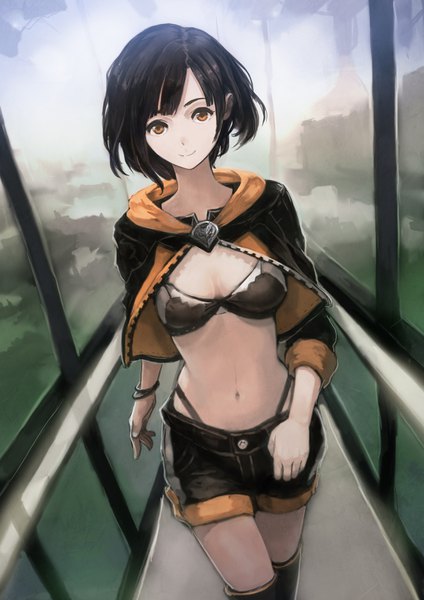 Anime picture 2480x3508 with original okuto single tall image looking at viewer fringe highres short hair breasts light erotic black hair smile indoors bare belly orange eyes walking girl navel shorts boots