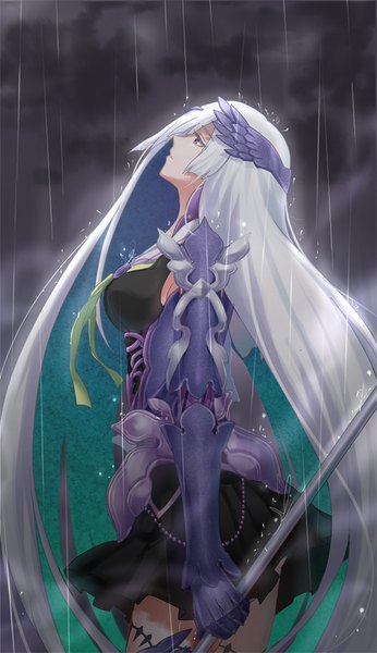 Anime-Bild 531x920 mit fate (series) fate/grand order fate/prototype brynhildr (fate) single long hair tall image fringe breasts large breasts purple eyes holding payot silver hair cloud (clouds) white hair very long hair parted lips pleated skirt multicolored hair