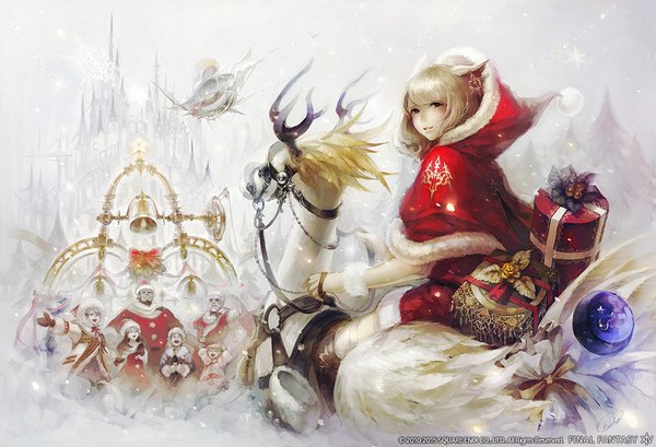 Anime picture 1054x720 with final fantasy final fantasy xiv square enix miqo'te au ra hyur chocobo lalafell elezen roegadyn long hair fringe short hair open mouth blonde hair brown hair multiple girls brown eyes signed animal ears