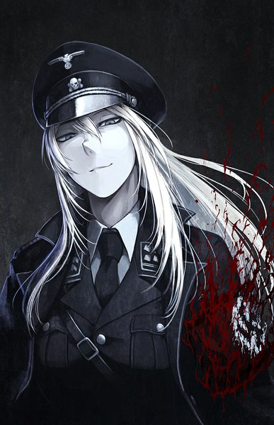 Anime picture 743x1150 with original hetza (hellshock) single long hair tall image looking at viewer simple background smile standing white hair grey eyes black background dark background white skin blood stains nazi girl uniform necktie military uniform