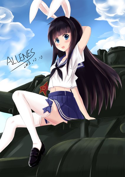 Anime picture 2480x3508 with original allenes single long hair tall image blush highres blue eyes black hair sitting signed animal ears sky cloud (clouds) bunny ears girl thighhighs skirt uniform weapon