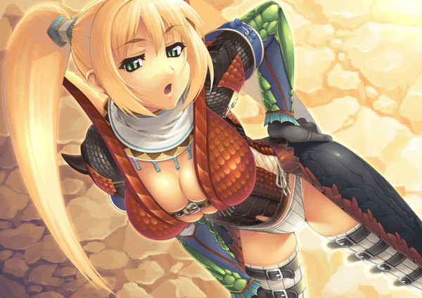 Anime picture 1280x905 with monster hunter yn red single long hair breasts open mouth light erotic blonde hair large breasts green eyes ponytail hand on hip girl