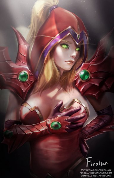 Anime picture 1024x1600 with world of warcraft blizzard entertainment valeera sanguinar firolian single long hair tall image looking at viewer breasts light erotic blonde hair large breasts green eyes signed upper body lips sunlight realistic hand on hip breast grab