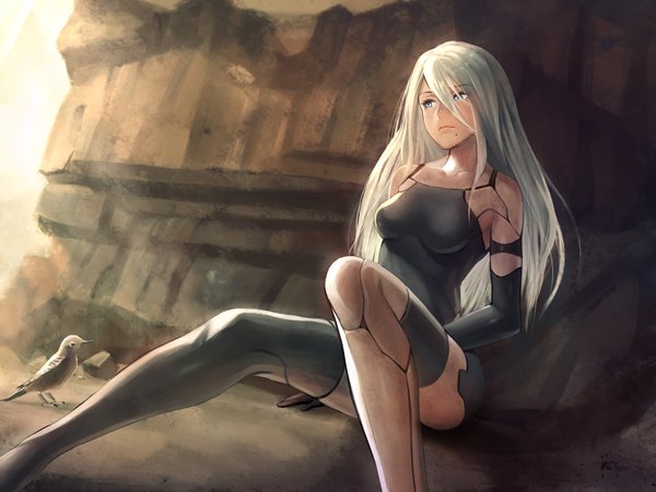 Anime picture 2000x1500 with nier nier:automata yorha type a no. 2 gogo (detteiu de) single long hair fringe highres breasts blue eyes light erotic hair between eyes bare shoulders signed looking away white hair mole mole under mouth robot joints girl
