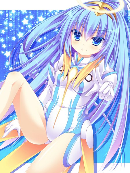 Anime picture 600x800 with beatmania beatmania iidx cuvelia (beatmania iidx) roshin single long hair tall image looking at viewer blush blue eyes smile blue hair girl dress gloves elbow gloves