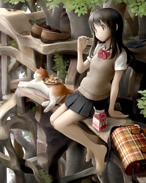 Anime picture 819x1024 with original lolo (yamagata) single long hair tall image fringe black hair smile sitting holding brown eyes looking away pleated skirt barefoot realistic no shoes legs girl skirt uniform