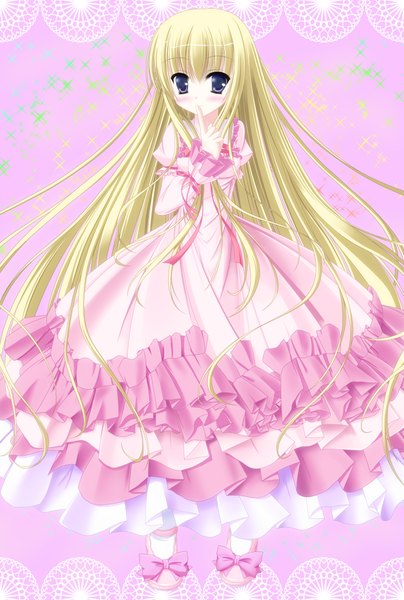 Anime picture 1500x2227 with hoshino sora (artist) single long hair tall image blue eyes blonde hair loli pink background girl dress