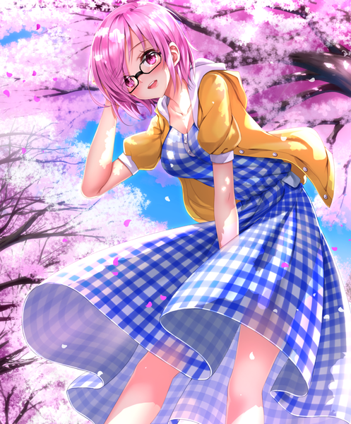 Anime picture 1102x1328 with fate (series) fate/grand order mash kyrielight swordsouls single tall image looking at viewer blush short hair open mouth smile standing pink hair sky outdoors pink eyes sunlight from below short sleeves leaning
