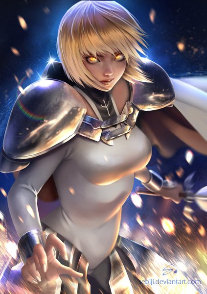 Anime picture 777x1101 with claymore madhouse clare (claymore) sebijy single tall image looking at viewer fringe short hair breasts blonde hair hair between eyes standing holding sparkle floating hair lens flare glowing glowing eye (eyes) slit pupils