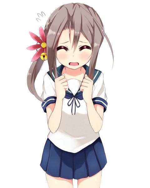 Anime picture 960x1200 with kantai collection zuihou light aircraft carrier akebono destroyer amano kouki single long hair tall image blush open mouth simple background white background ponytail eyes closed hair flower grey hair side ponytail cosplay akebono (kantai collection) (cosplay) girl skirt