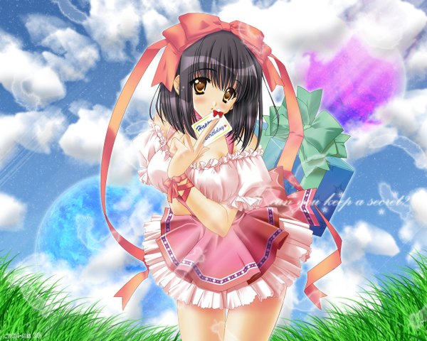 Anime picture 1280x1024 with original carnelian single looking at viewer fringe short hair black hair standing bare shoulders holding brown eyes sky cloud (clouds) sunlight inscription short sleeves hand to mouth happy birthday girl dress