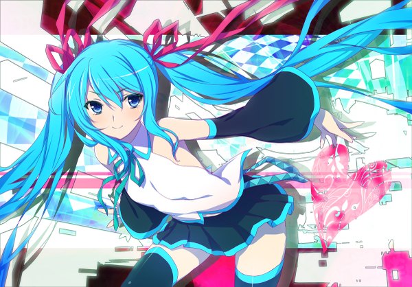 Anime picture 1200x837 with vocaloid hatsune miku 47agdragon looking at viewer blue eyes smile twintails bare shoulders very long hair aqua hair girl skirt ribbon (ribbons) hair ribbon detached sleeves heart