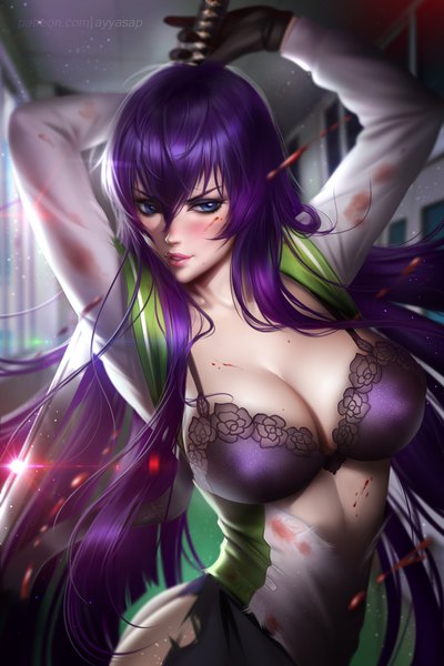 Anime picture 2666x4000 with highschool of the dead madhouse busujima saeko ayyasap single long hair tall image looking at viewer blush fringe highres breasts blue eyes light erotic hair between eyes large breasts holding signed cleavage purple hair