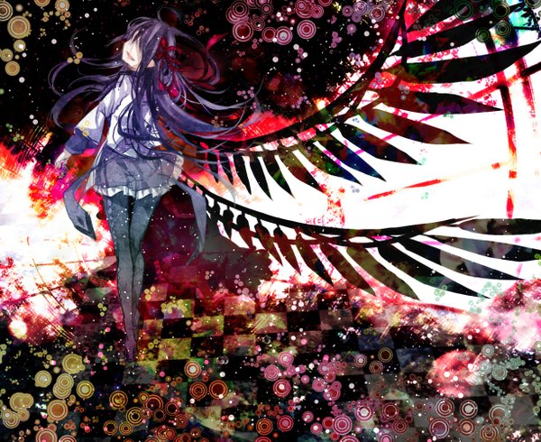 Anime picture 1226x1003 with mahou shoujo madoka magica shaft (studio) akemi homura toutenkou single long hair fringe open mouth standing purple hair eyes closed from behind back frilly skirt hair over eyes colorful girl skirt bow ribbon (ribbons)