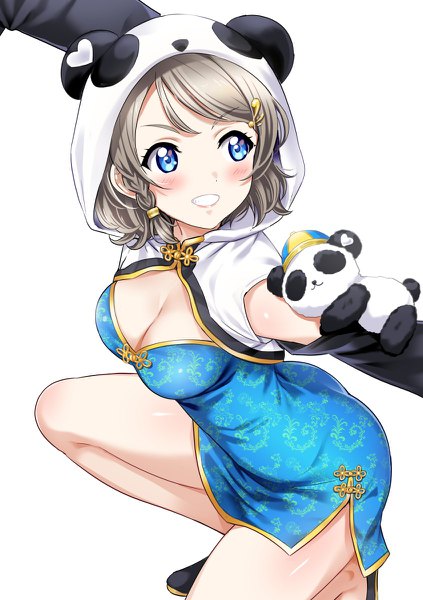 Anime picture 846x1200 with love live! sunshine!! sunrise (studio) love live! watanabe you rozen5 single tall image blush fringe short hair breasts blue eyes light erotic simple background large breasts white background looking away cleavage braid (braids) traditional clothes