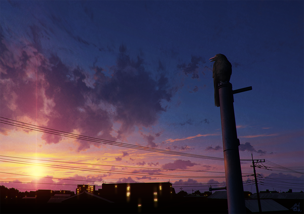 Anime picture 1100x777 with original mocha (cotton) signed sky cloud (clouds) evening sunset no people landscape city lights animal bird (birds) building (buildings) house power lines crow pole