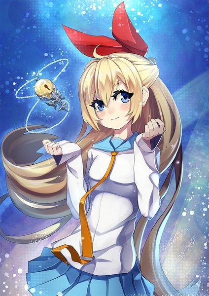 Anime picture 636x900 with nisekoi shaft (studio) kirisaki chitoge raijuu (bakanara) single tall image blush fringe blonde hair smile looking away very long hair half updo girl skirt bow hair bow necktie clothes lock