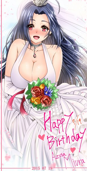 Anime picture 600x1172 with idolmaster miura azusa inu (marukome) single long hair tall image looking at viewer blush breasts light erotic smile red eyes large breasts purple hair girl dress gloves flower (flowers) earrings choker