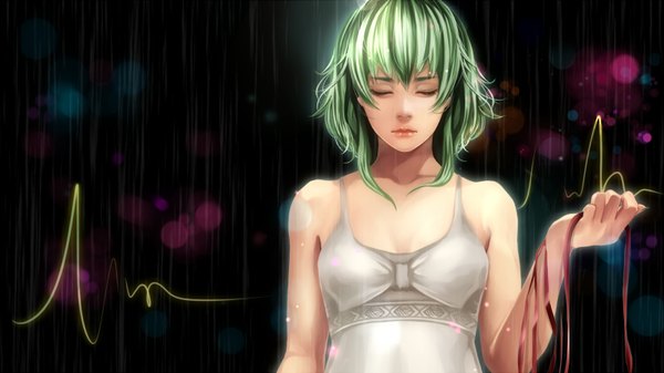 Anime picture 1600x900 with vocaloid gumi jun jun single short hair wide image bare shoulders eyes closed green hair dark background rain girl dress ribbon (ribbons) sundress